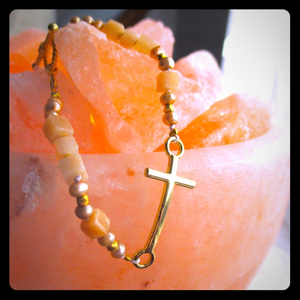 Gold Plated Cross and Rose Quartz Bracelet